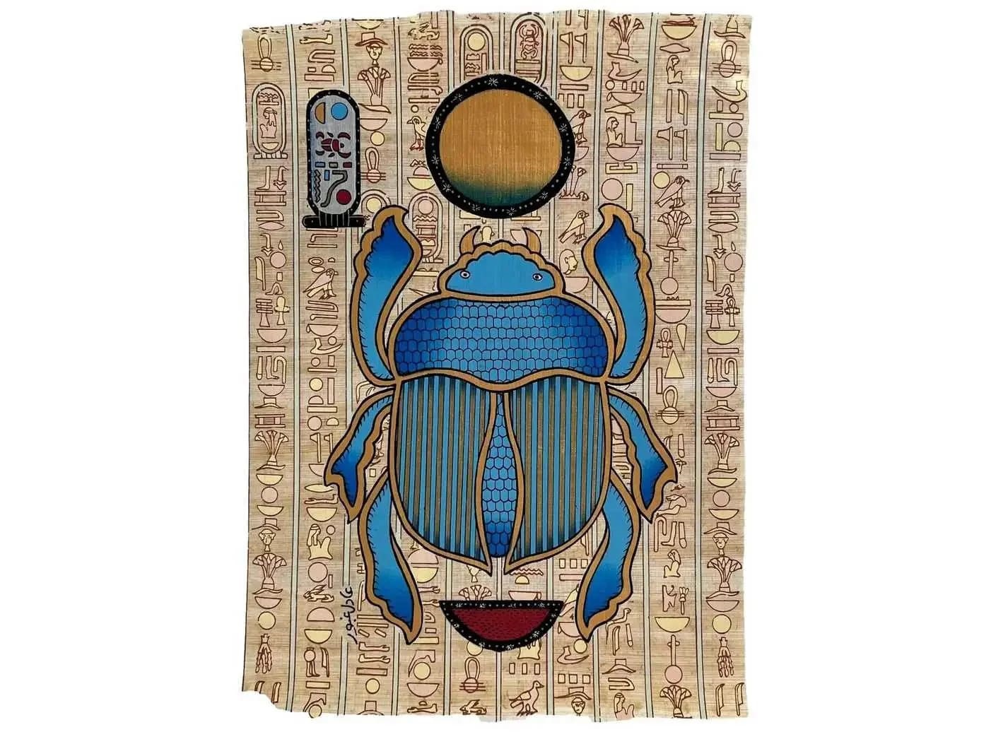 scarab-good-luck-egyptian-scarab-beetle-kherpi-god-of-the-rising-sun-egypt-papyrus-painting - History Glimpse